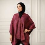 Women's Plaid Wrap Shawl – Cozy Knitted Poncho for Hijabi & Modest Wear | Elegant Oversized Abaya Outerwear Cape for Winter (Red & Navy Blue)