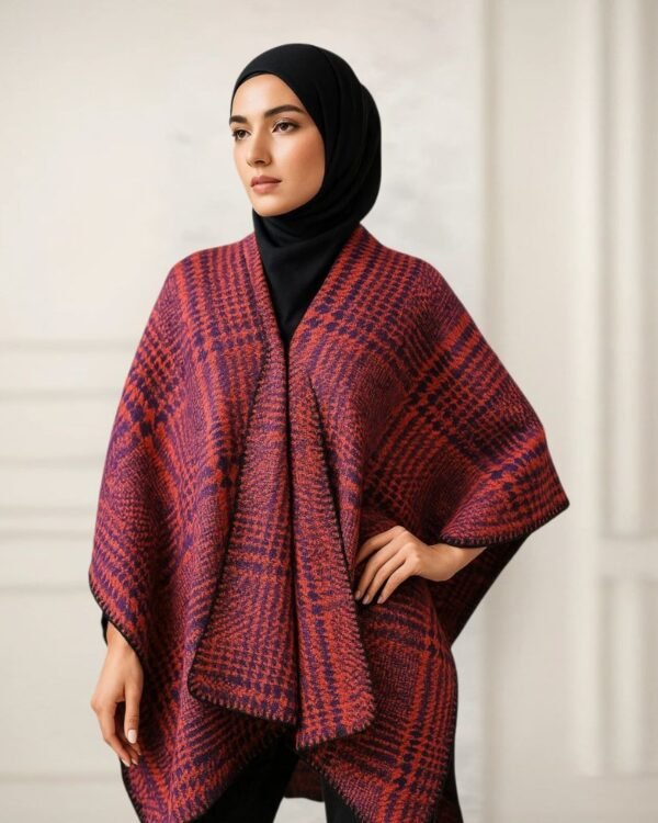 Women's Plaid Wrap Shawl – Cozy Knitted Poncho for Hijabi & Modest Wear | Elegant Oversized Abaya Outerwear Cape for Winter (Red & Navy Blue)