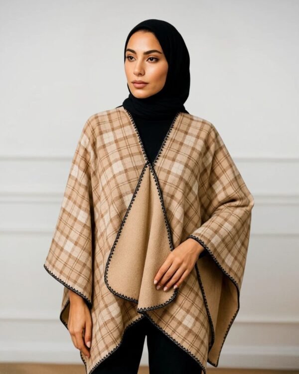 Women's Winter Reversible Poncho – Warm Checkered Shawl for Hijabi & Modest Wear | Elegant Open-Front Abaya Outerwear Cape (Camel & Tan)