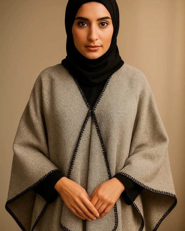 Warm Two-Tone Poncho for Hijabi & Modest Wear | Elegant Contrast-Trim Abaya Outerwear Cape for Winter (Taupe & Black) - Image 3