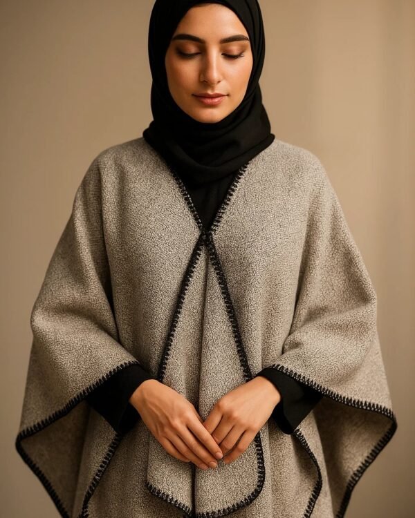 Warm Two-Tone Poncho for Hijabi & Modest Wear | Elegant Contrast-Trim Abaya Outerwear Cape for Winter (Taupe & Black) - Image 2