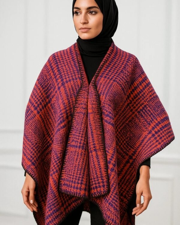 Women's Plaid Wrap Shawl – Cozy Knitted Poncho for Hijabi & Modest Wear | Elegant Oversized Abaya Outerwear Cape for Winter (Red & Navy Blue) - Image 2