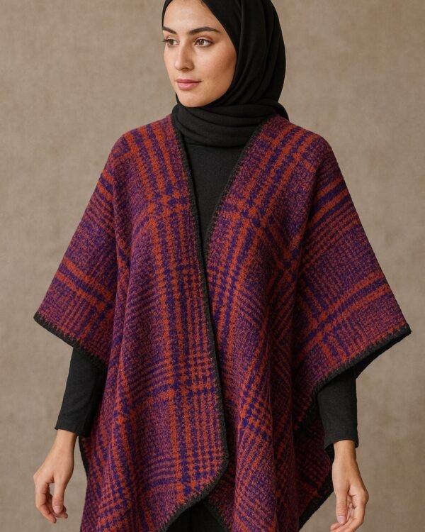 Women's Plaid Wrap Shawl – Cozy Knitted Poncho for Hijabi & Modest Wear | Elegant Oversized Abaya Outerwear Cape for Winter (Red & Navy Blue) - Image 3