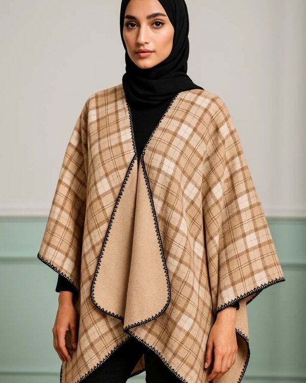 Women's Winter Reversible Poncho – Warm Checkered Shawl for Hijabi & Modest Wear | Elegant Open-Front Abaya Outerwear Cape (Camel & Tan) - Image 3