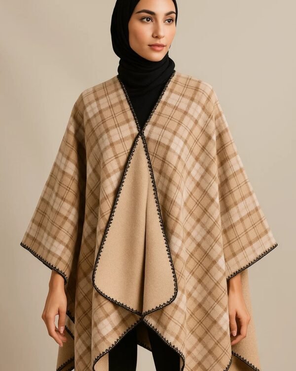 Women's Winter Reversible Poncho – Warm Checkered Shawl for Hijabi & Modest Wear | Elegant Open-Front Abaya Outerwear Cape (Camel & Tan) - Image 2