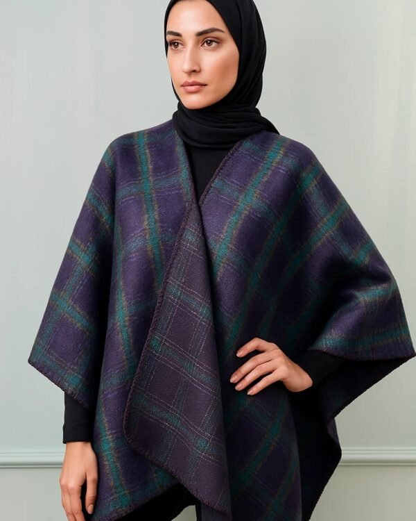 Women's Winter Plaid Poncho – Soft Wool-Blend Shawl for Hijabi & Modest Wear | Elegant Open-Front Abaya Outerwear Cape (Navy & Green) - Image 2