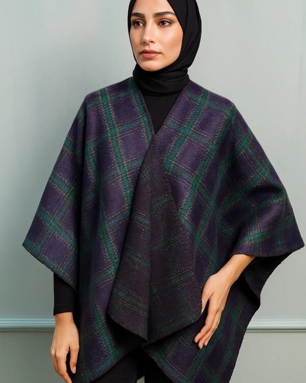 Women's Winter Plaid Poncho – Soft Wool-Blend Shawl for Hijabi & Modest Wear | Elegant Open-Front Abaya Outerwear Cape (Navy & Green) - Image 3