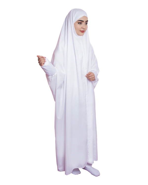 Girl's Islamic Prayer Dress Pure White One-Piece with Attached Hijab