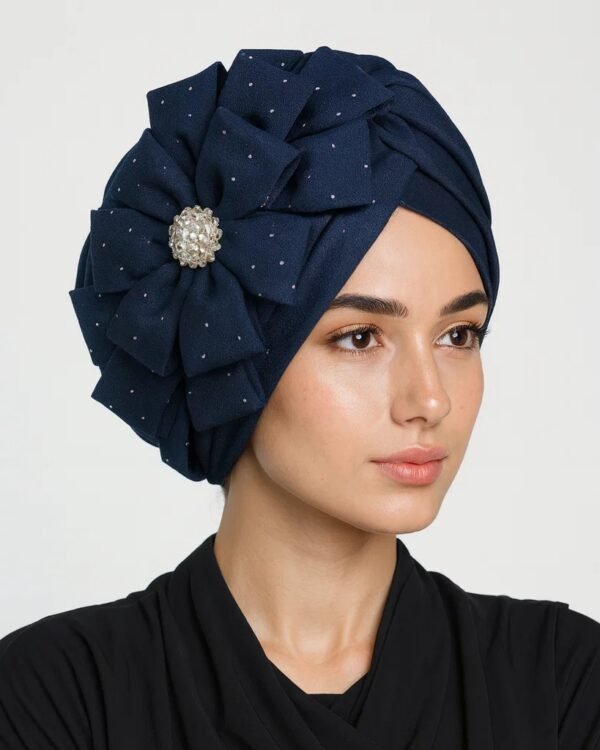 Navy Blue Sparkle Turban with Pearl Flower Brooch
