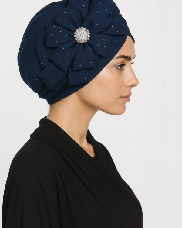 Navy Blue Sparkle Turban with Pearl Flower Brooch - Image 2