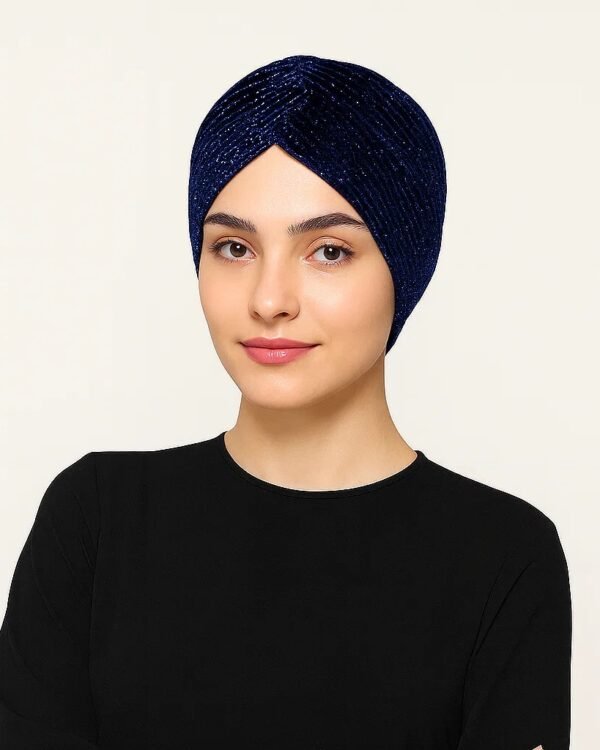 Navy Blue Shimmer Turban - Classic Pleated Style
