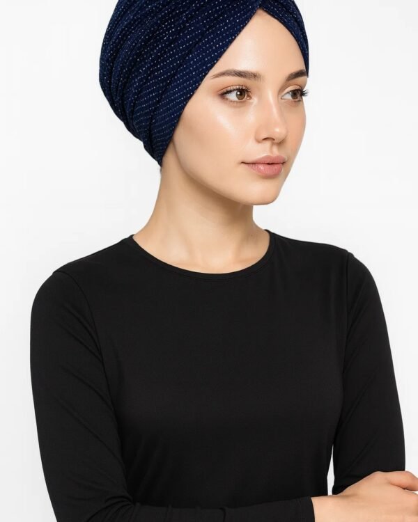 Navy Blue Shimmer Turban - Classic Pleated Style - Image 2