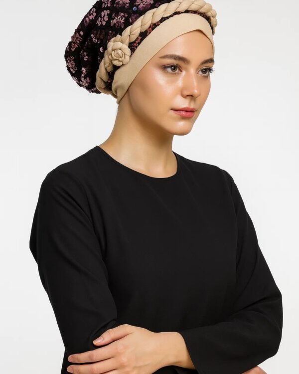 Two-Tone Sequin Turban - Burgundy & Cream with Braided Accent - Image 2