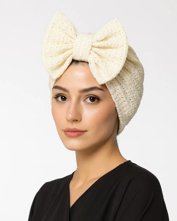Cream Studded Turban with Oversized Bow Detail