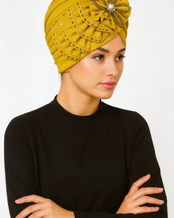 Mustard Yellow Embellished Turban with Floral Brooch - Image 3