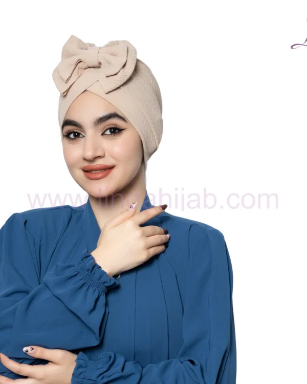 Beige Bow Accent Turban – Soft Texture & Playful Elegance - Image 2