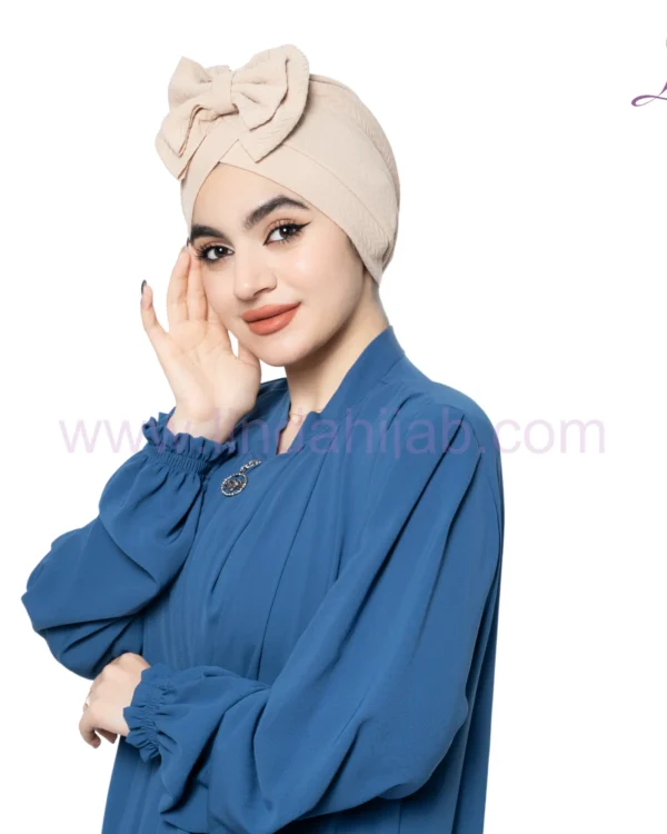 Beige Bow Accent Turban – Soft Texture & Playful Elegance - Image 3