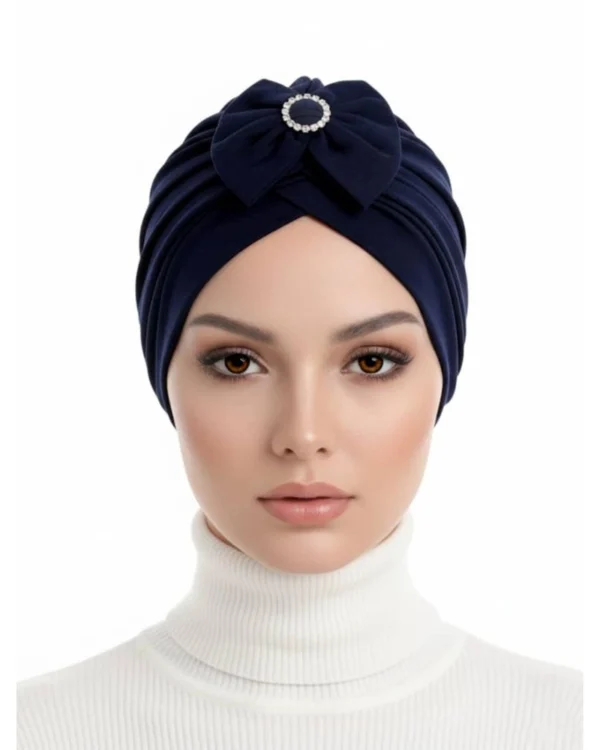Bow & Pearl Brooch Turban Cap – Classic Elegance in Navy Blue