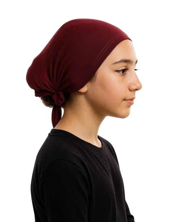 Girls' Soft Stretch Tie-Back Turban – Plain Burgundy / Deep Wine - Image 4
