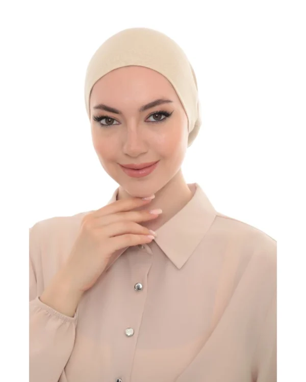 Soft Stretch Tie-Back Hijab Under-Cap – Plain Cream / Warm Beige - Image 2