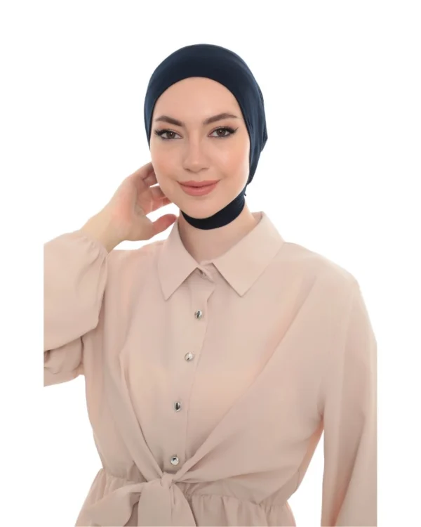 Soft Stretch Full-Coverage Neck-Tie Hijab Under-Cap – Plain Navy Blue