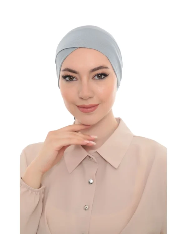 Stretch Tie-Back Hijab Under-Cap – Plain Light Blue Grey - Image 7