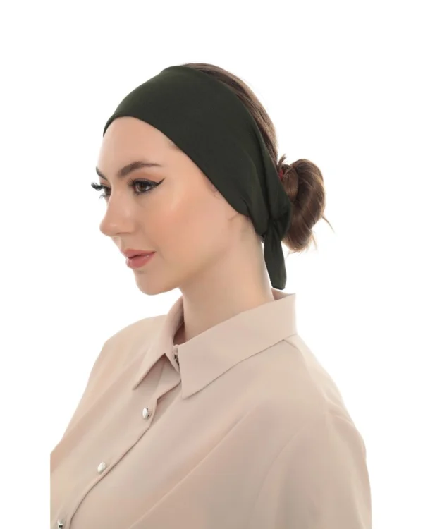Wide-Band Tie-Back Hair Wrap Headband – Plain Khaki Green - Image 5