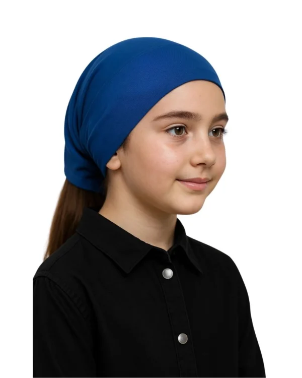 Girls' Tie-Back Hijab Under-Cap – Plain Royal Blue / Kids Size - Image 2