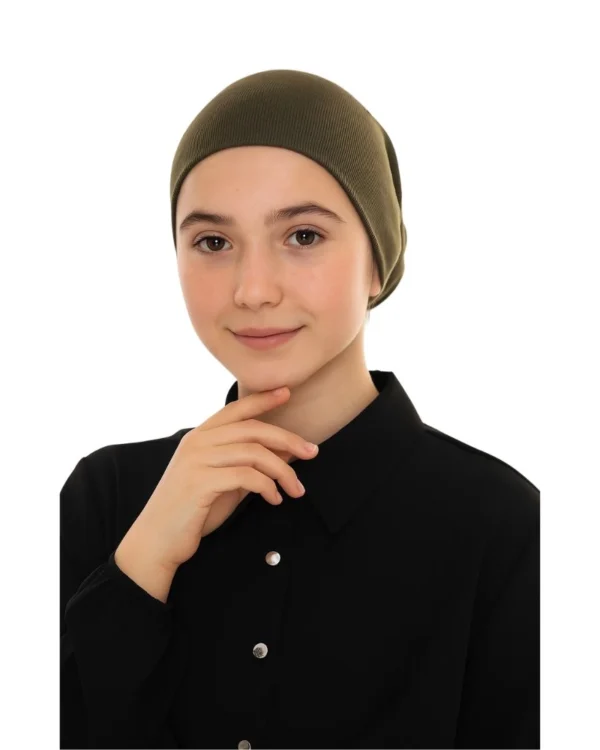 Junior Pull-On Hijab Under-Cap – Plain Olive Green / Girls' Size