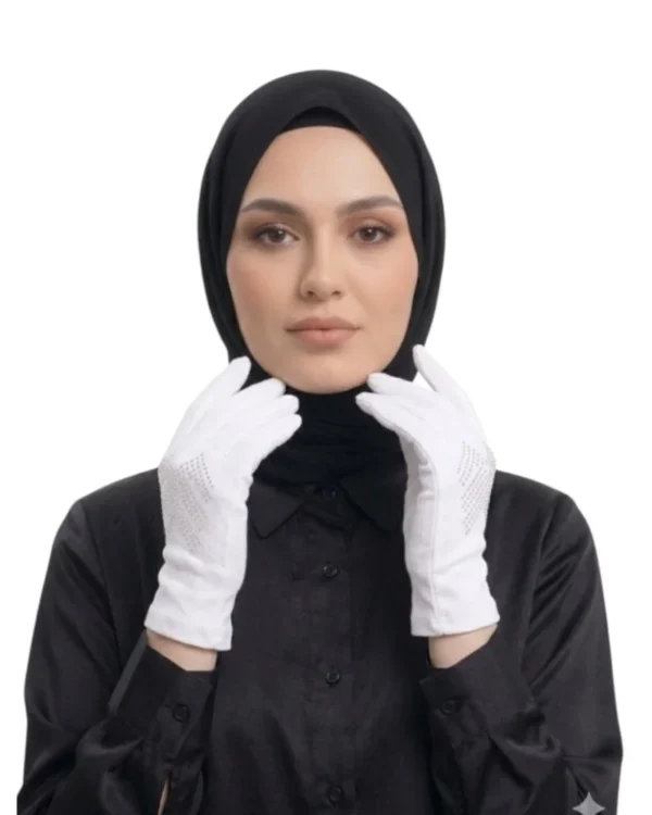 Women's Modest Stretch Gloves with Rhinestone Detail – White - Image 2