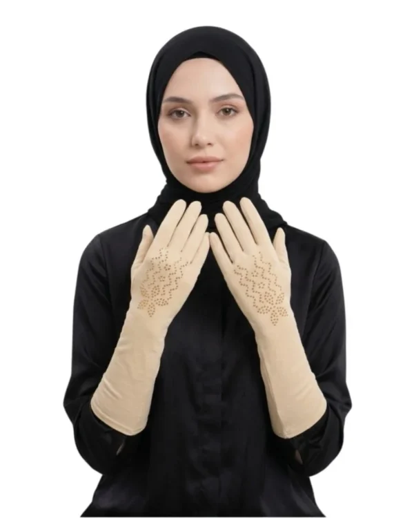 Women's Long-Cuff Modest Gloves with Floral Rhinestone Detail – Nude Beige - Image 4