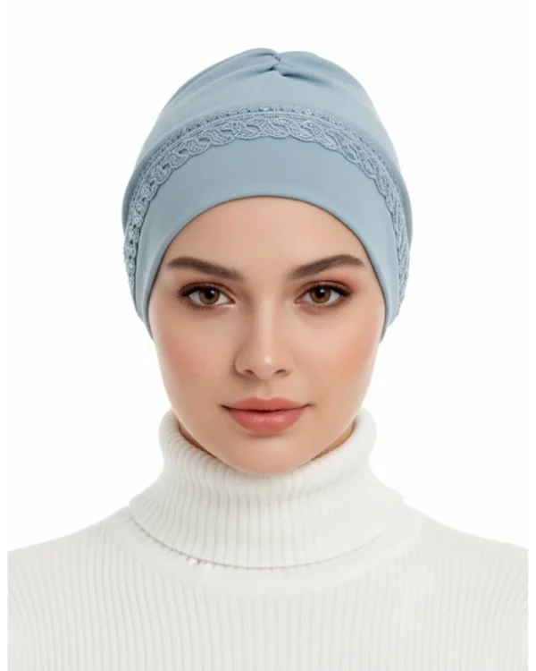 Lace Trim Sequin Band Turban Cap – Soft Blue Everyday Elegance - Image 1