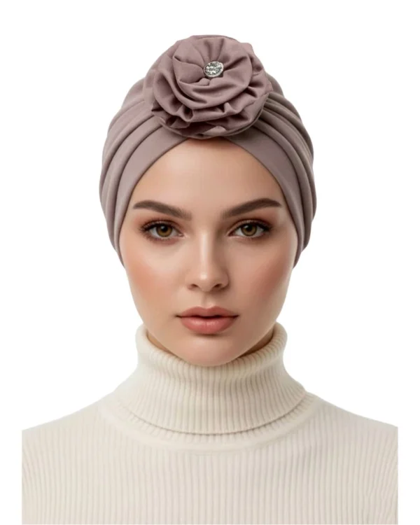 Floral Rosette & Crystal Turban Cap – Romantic Elegance in Mocha