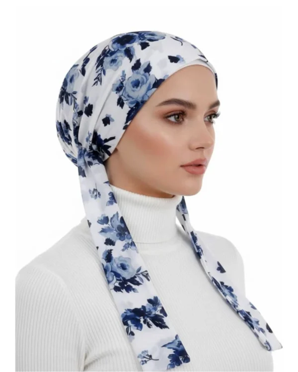 Floral Print Tie-Back Turban Cap – Romantic Blue Garden on White - Image 2