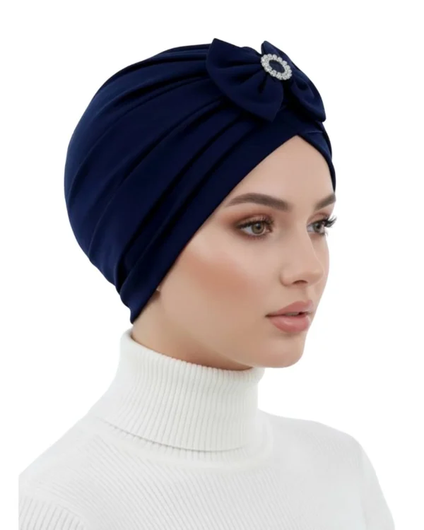 Bow & Pearl Brooch Turban Cap – Classic Elegance in Navy Blue - Image 2