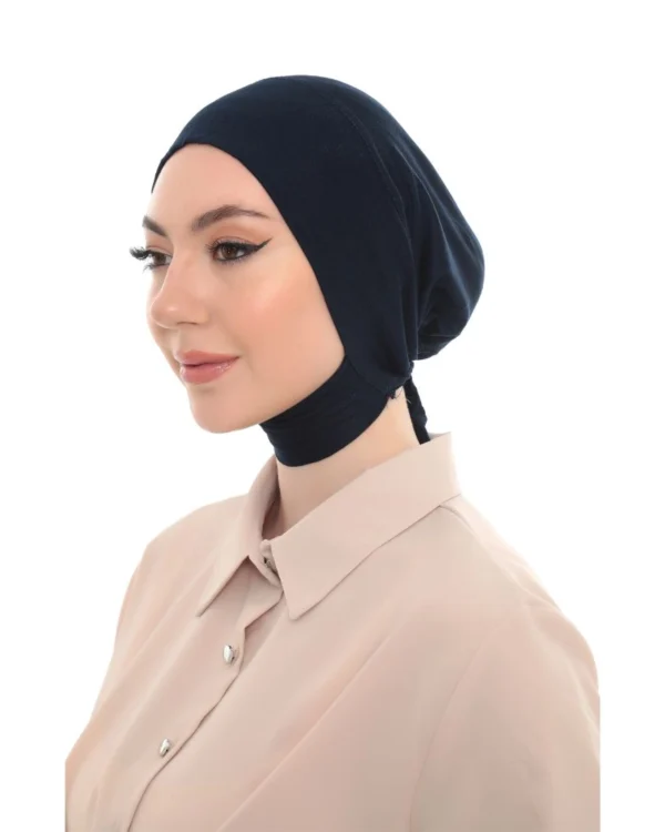 Soft Stretch Full-Coverage Neck-Tie Hijab Under-Cap – Plain Navy Blue - Image 2