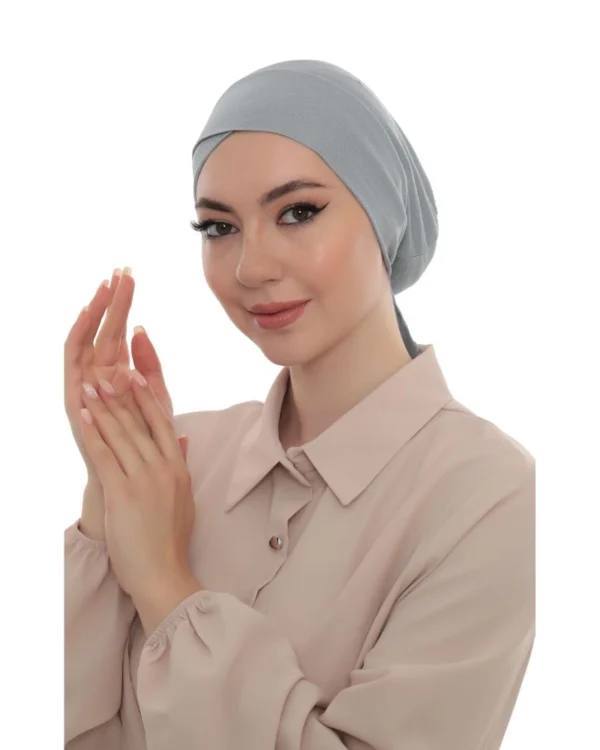 Stretch Tie-Back Hijab Under-Cap – Plain Light Blue Grey - Image 6