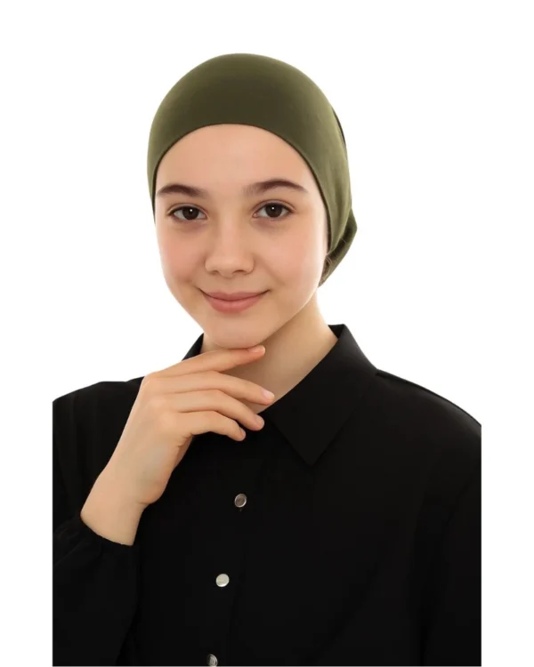 Junior Pull-On Hijab Under-Cap – Plain Olive Green / Girls' Size - Image 2
