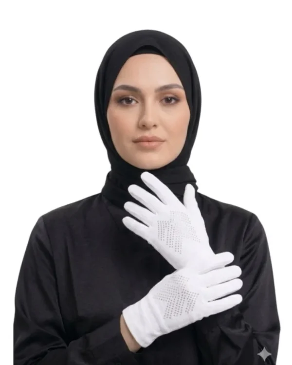 Women's Modest Stretch Gloves with Rhinestone Detail – White - Image 1