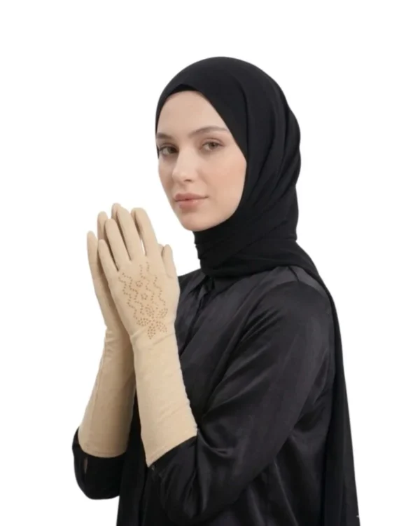 Women's Long-Cuff Modest Gloves with Floral Rhinestone Detail – Nude Beige - Image 3