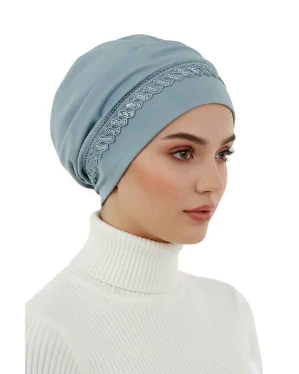 Lace Trim Sequin Band Turban Cap – Soft Blue Everyday Elegance - Image 2