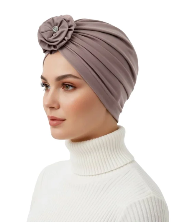 Floral Rosette & Crystal Turban Cap – Romantic Elegance in Mocha - Image 2