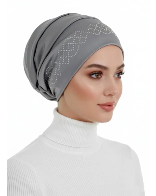 Rhinestone Diamond Pattern Turban Cap – Subtle Sparkle in Steel Grey - Image 2