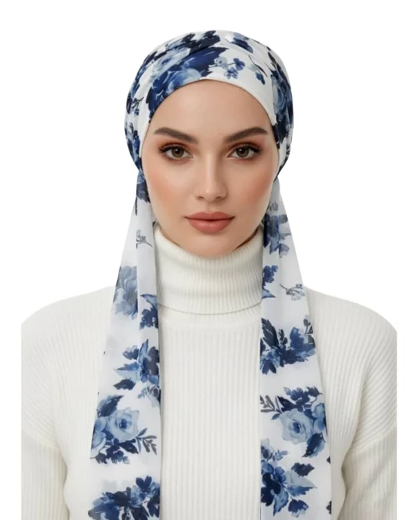 Floral Print Tie-Back Turban Cap – Romantic Blue Garden on White