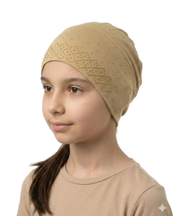Girls' Gold Studded Star Pattern Turban – Warm Beige Everyday Elegance - Image 3