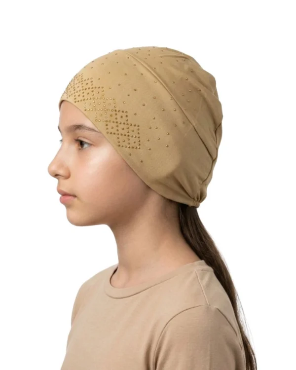 Girls' Gold Studded Star Pattern Turban – Warm Beige Everyday Elegance - Image 2