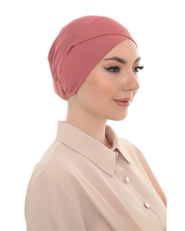 Cross-Front Elastic Back Turban Cap – Plain Dusty Rose - Image 6