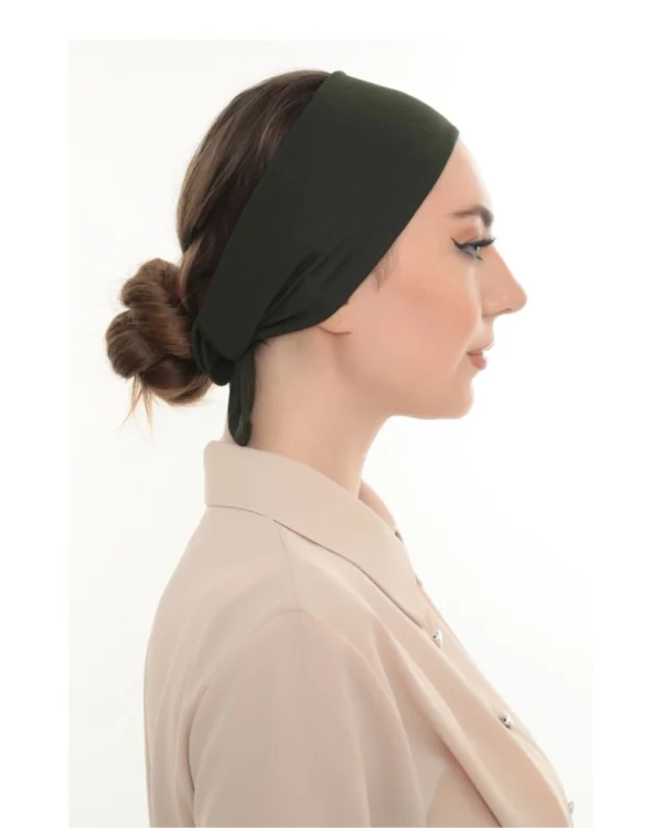 Wide-Band Tie-Back Hair Wrap Headband – Plain Khaki Green - Image 4
