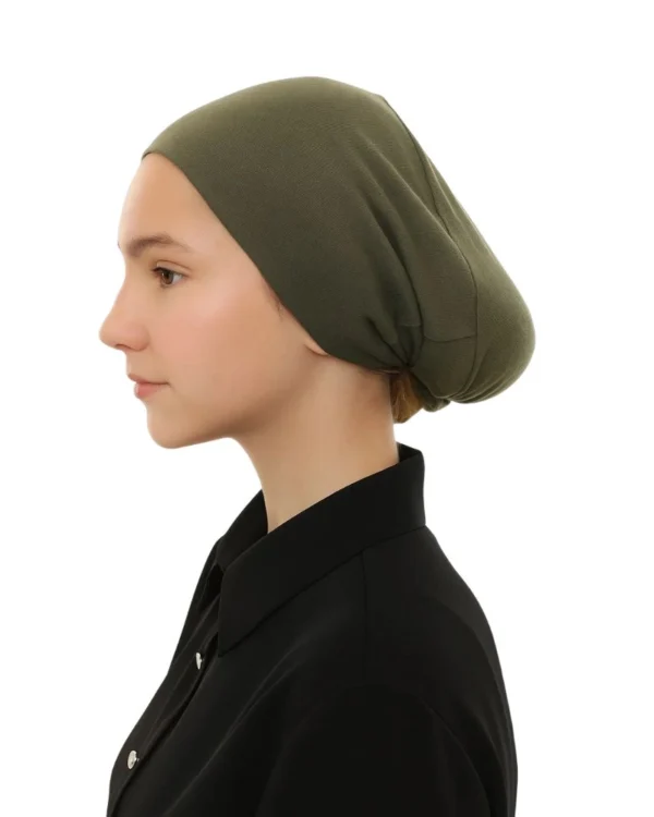 Junior Pull-On Hijab Under-Cap – Plain Olive Green / Girls' Size - Image 4