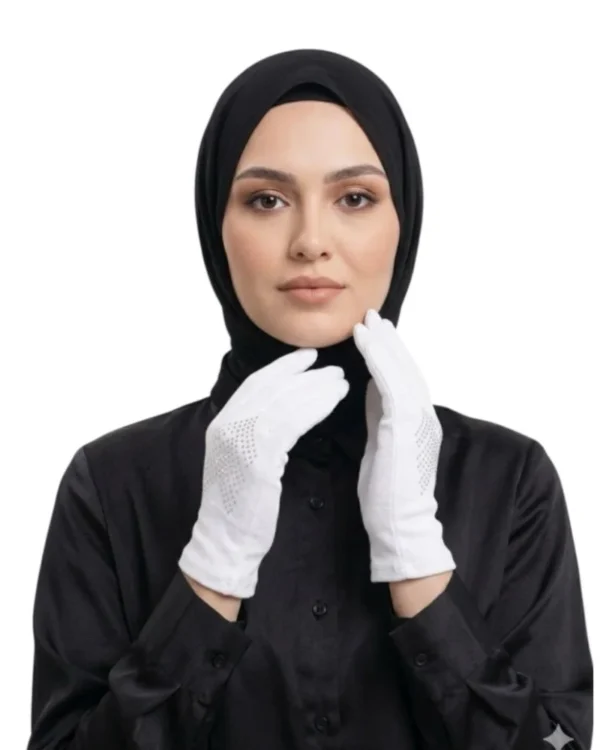 Women's Modest Stretch Gloves with Rhinestone Detail – White - Image 5